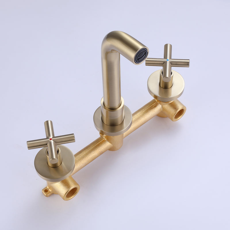 Wall Mount 2 Handle 3 Hole Bathroom Sink Faucet